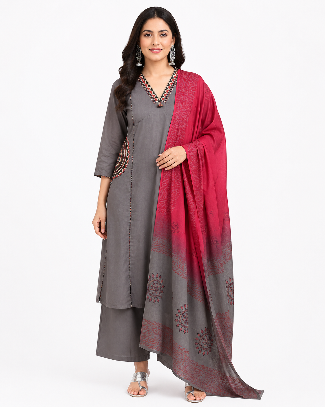 Grey & Wine Cotton Blend Straight Kurta Palazzo Set with Printed Dupatta