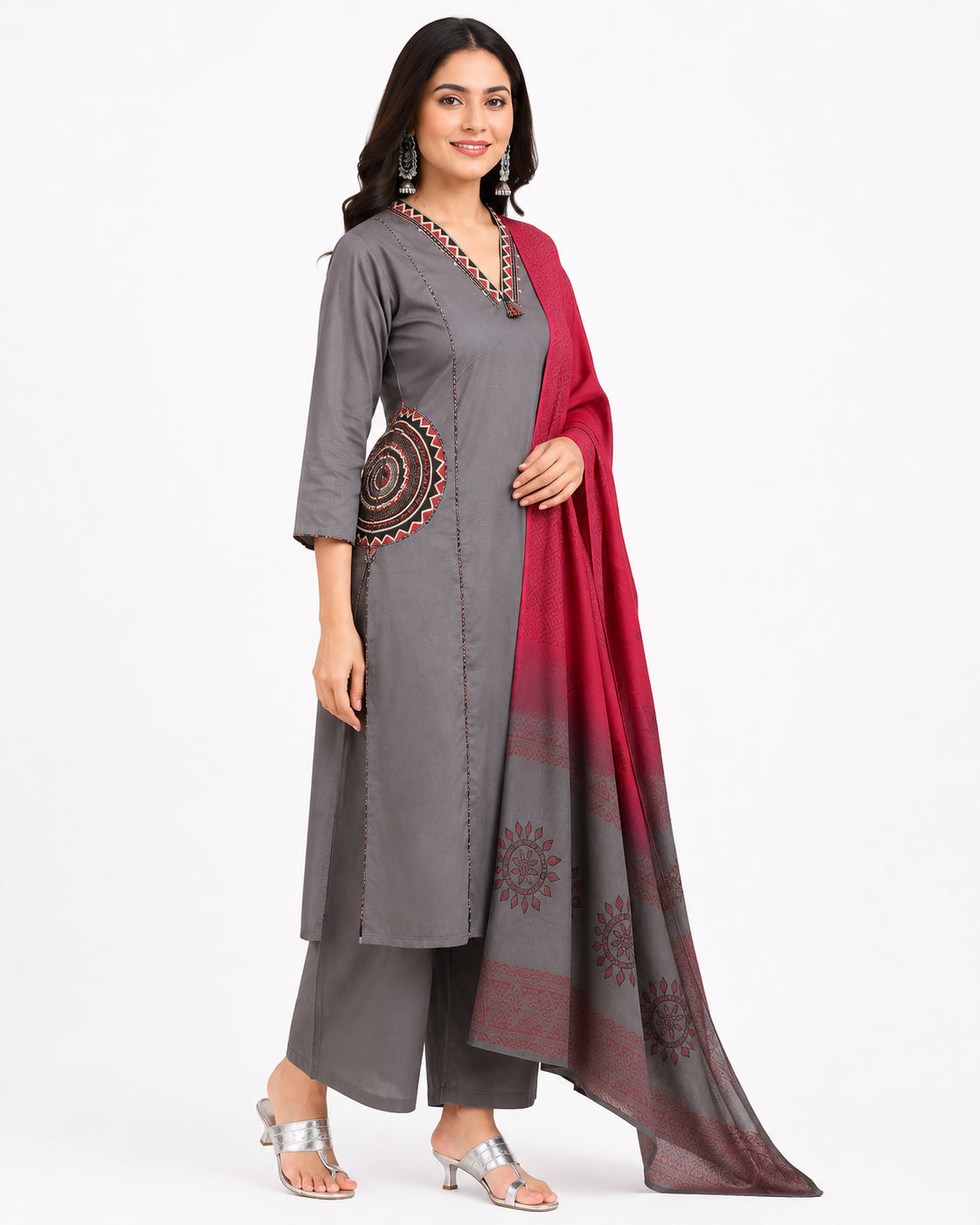Grey & Wine Cotton Blend Straight Kurta Palazzo Set with Printed Dupatta