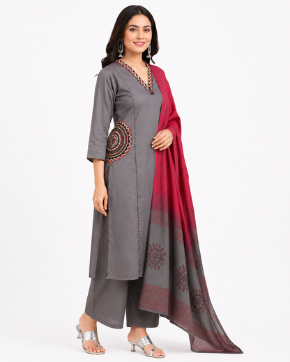 Grey & Wine Cotton Blend Straight Kurta Palazzo Set with Printed Dupatta