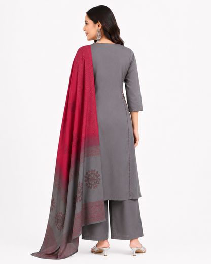 Grey & Wine Cotton Blend Straight Kurta Palazzo Set with Printed Dupatta