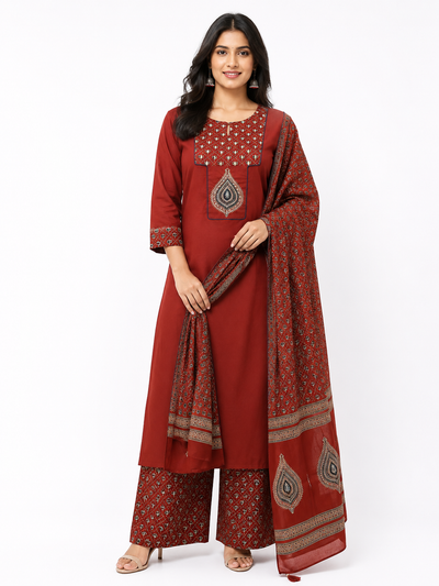 Maroon Printed Kurta Pant Set with Ajrakh Print Dupatta for Women
