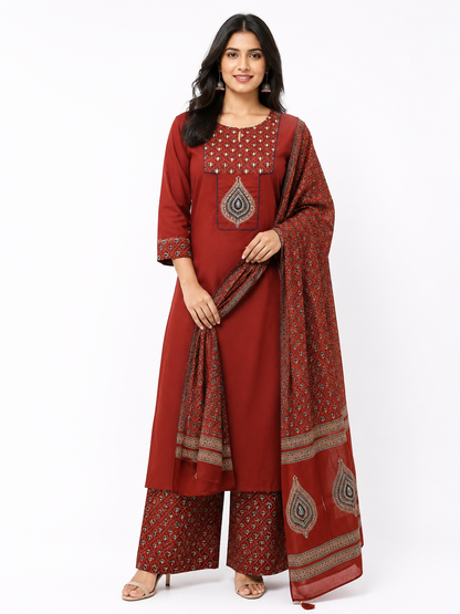 Maroon Printed Kurta Pant Set with Ajrakh Print Dupatta for Women