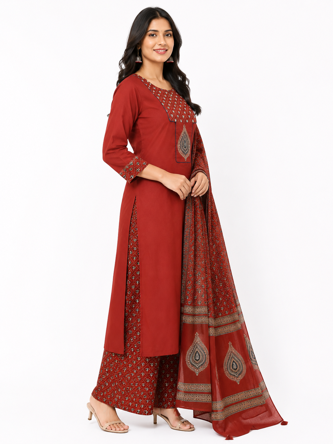 Maroon Printed Kurta Pant Set with Ajrakh Print Dupatta for Women