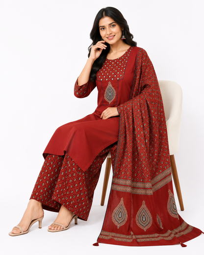 Maroon Printed Kurta Pant Set with Ajrakh Print Dupatta for Women