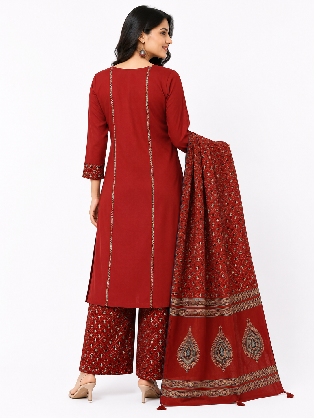 Maroon Printed Kurta Pant Set with Ajrakh Print Dupatta for Women