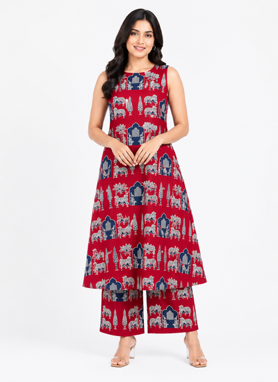 Women's Sleeveless Red Printed A-Line Kurta with Palazzo Set