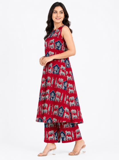 Women's Sleeveless Red Printed A-Line Kurta with Palazzo Set