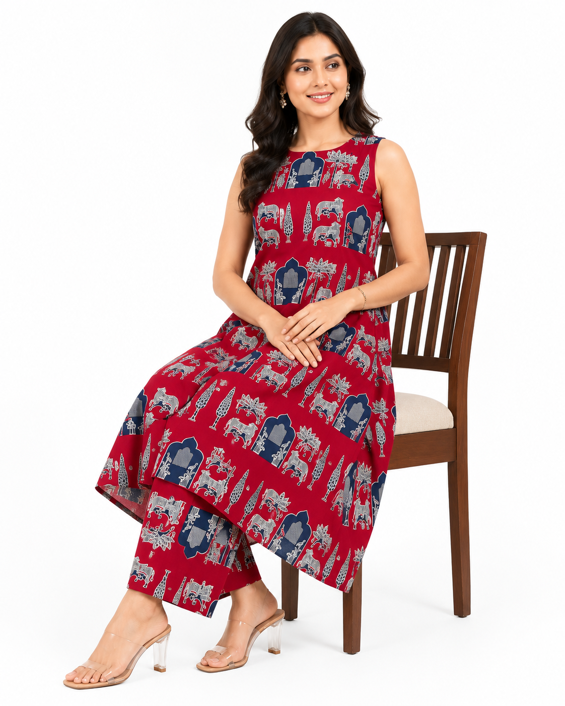 Women's Sleeveless Red Printed A-Line Kurta with Palazzo Set