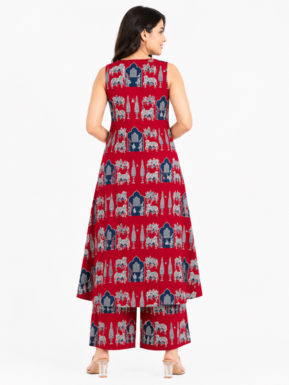 Women's Sleeveless Red Printed A-Line Kurta with Palazzo Set