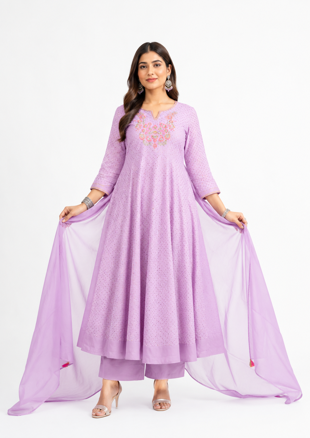 Lavender Embroidered Cotton Anarkali Kurta Set with Dupatta