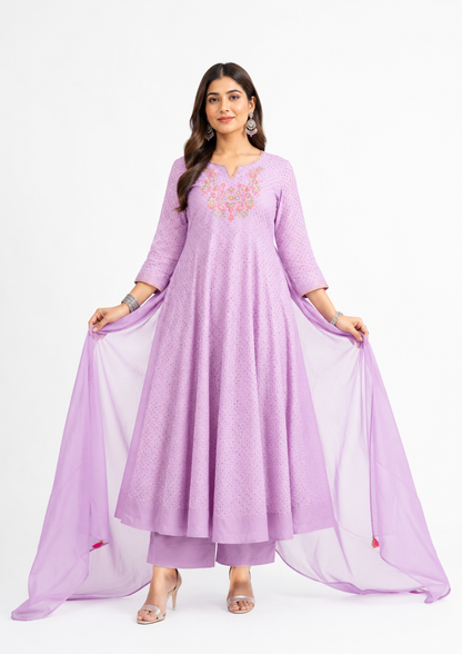 Lavender Embroidered Cotton Anarkali Kurta Set with Dupatta