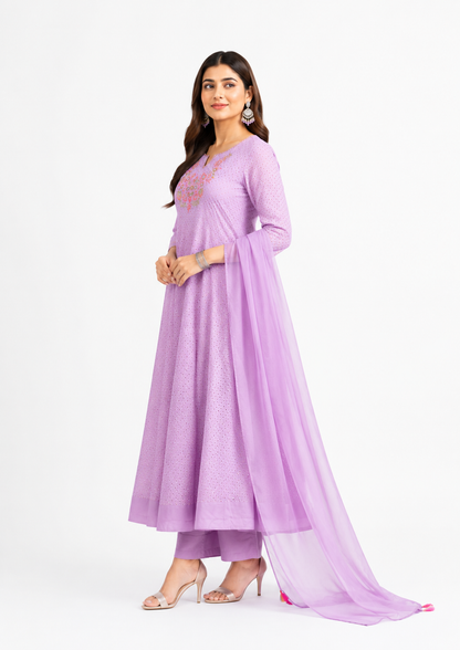 Lavender Embroidered Cotton Anarkali Kurta Set with Dupatta