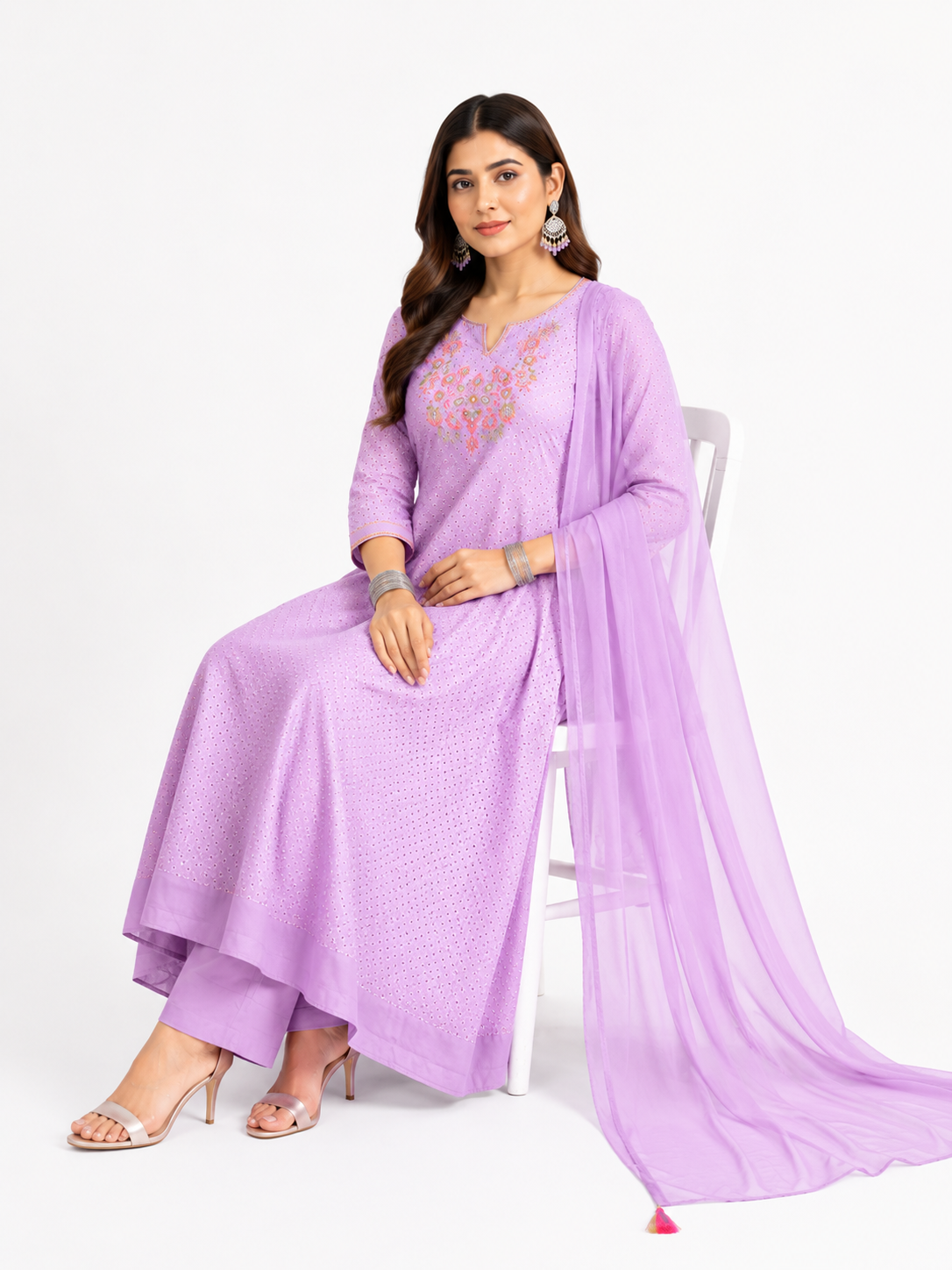 Lavender Embroidered Cotton Anarkali Kurta Set with Dupatta