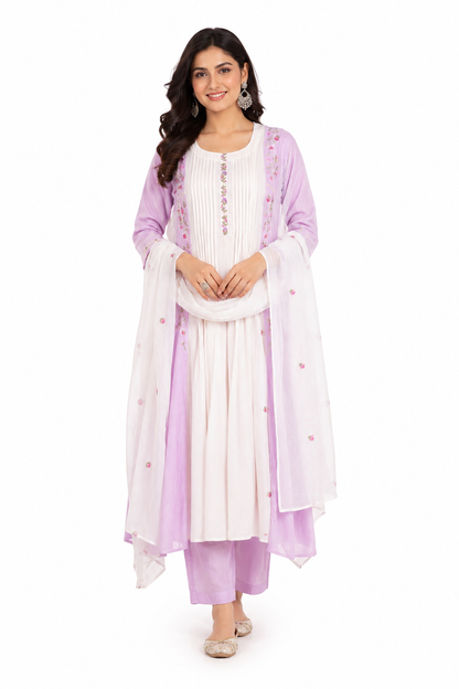 Lavender Embroidered Cotton Kurta Set with Organza Dupatta