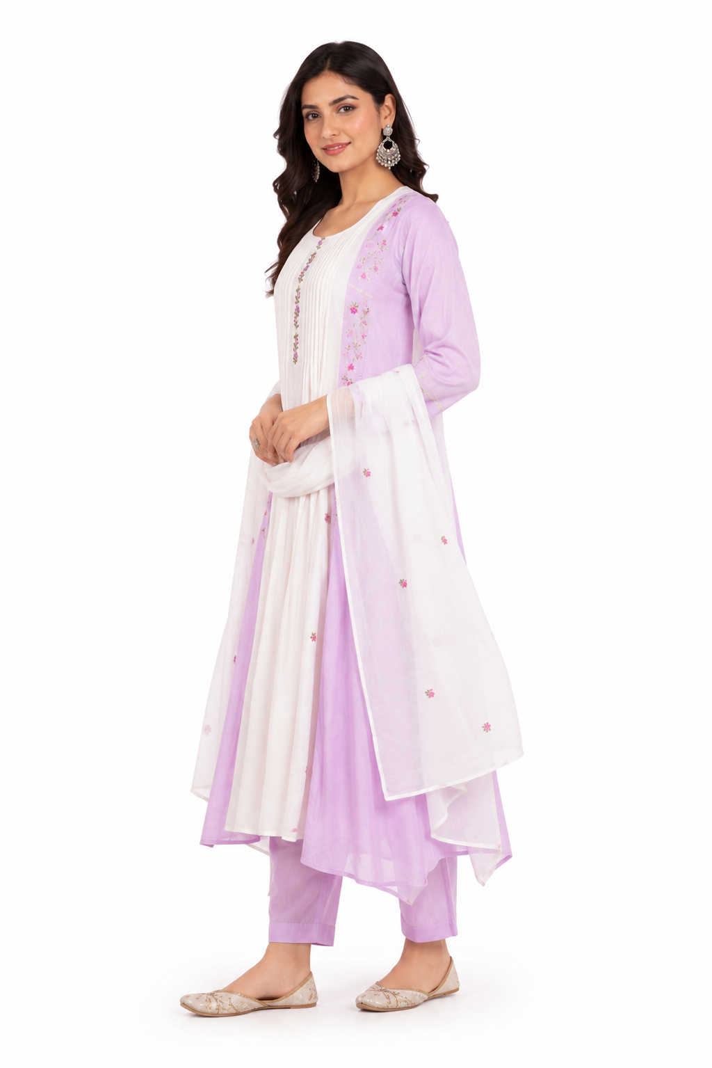 Lavender Embroidered Cotton Kurta Set with Organza Dupatta