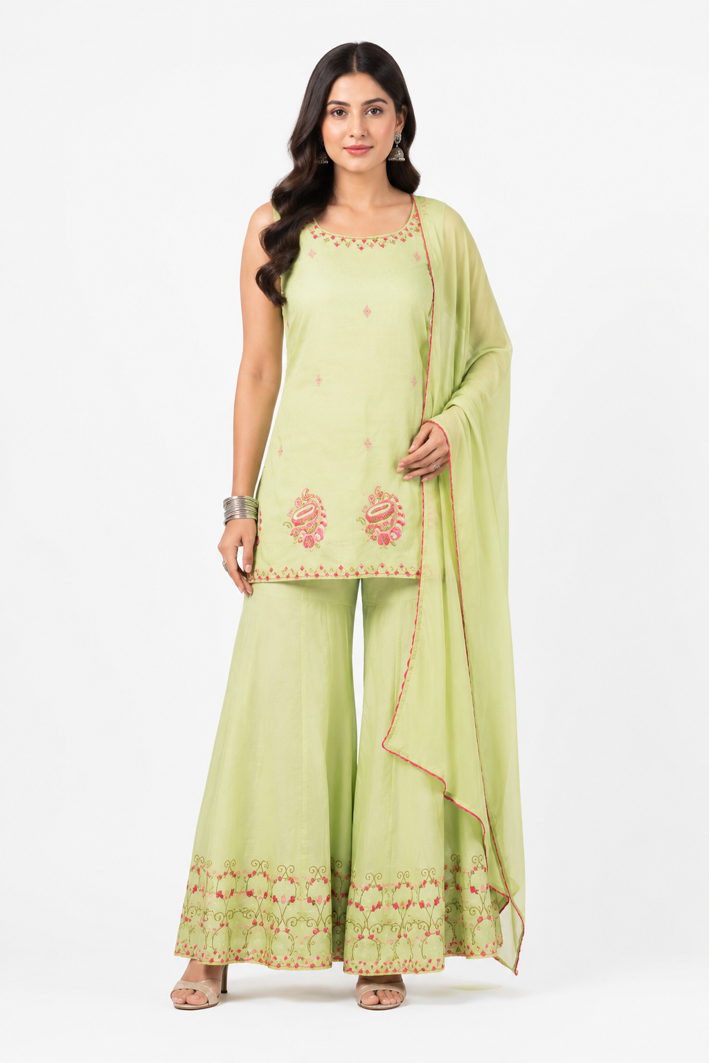 Lime Green Embroidered Cotton Kurta Set with Sharara & Dupatta