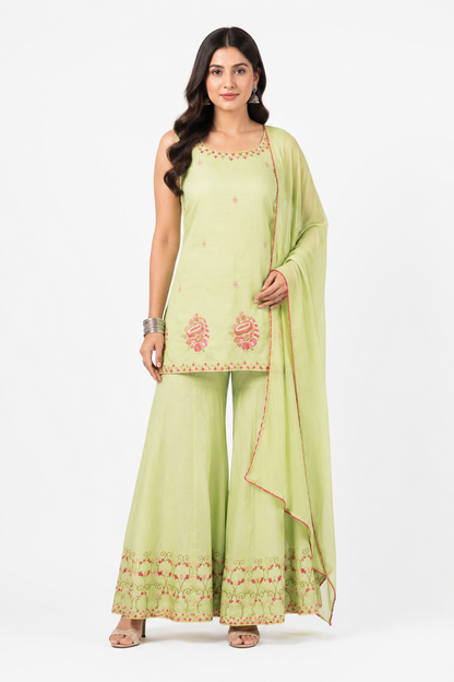 Lime Green Embroidered Cotton Kurta Set with Sharara & Dupatta