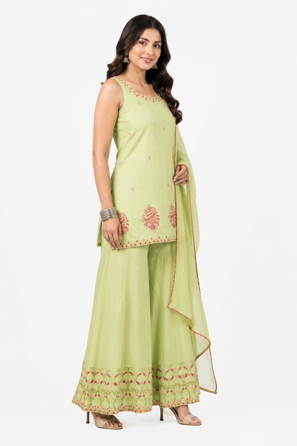 Lime Green Embroidered Cotton Kurta Set with Sharara & Dupatta