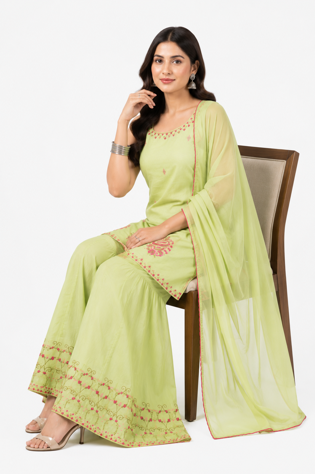 Lime Green Embroidered Cotton Kurta Set with Sharara & Dupatta