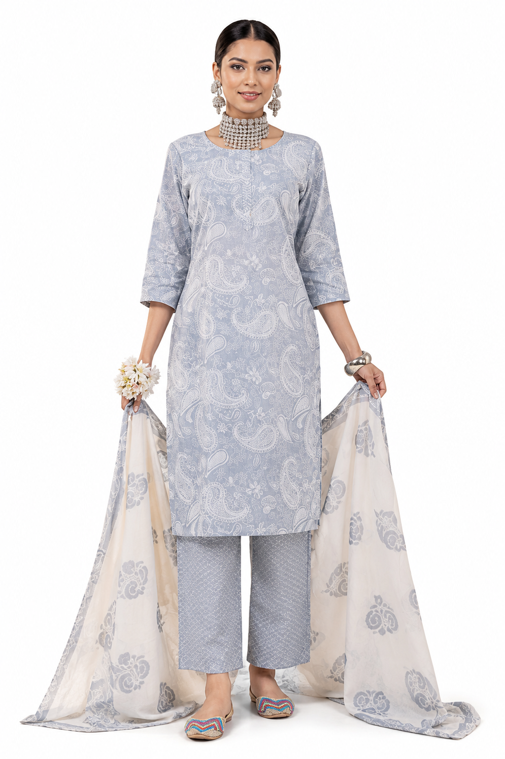 Women's Grey Cotton Printed Kurta Pant Dupatta Set