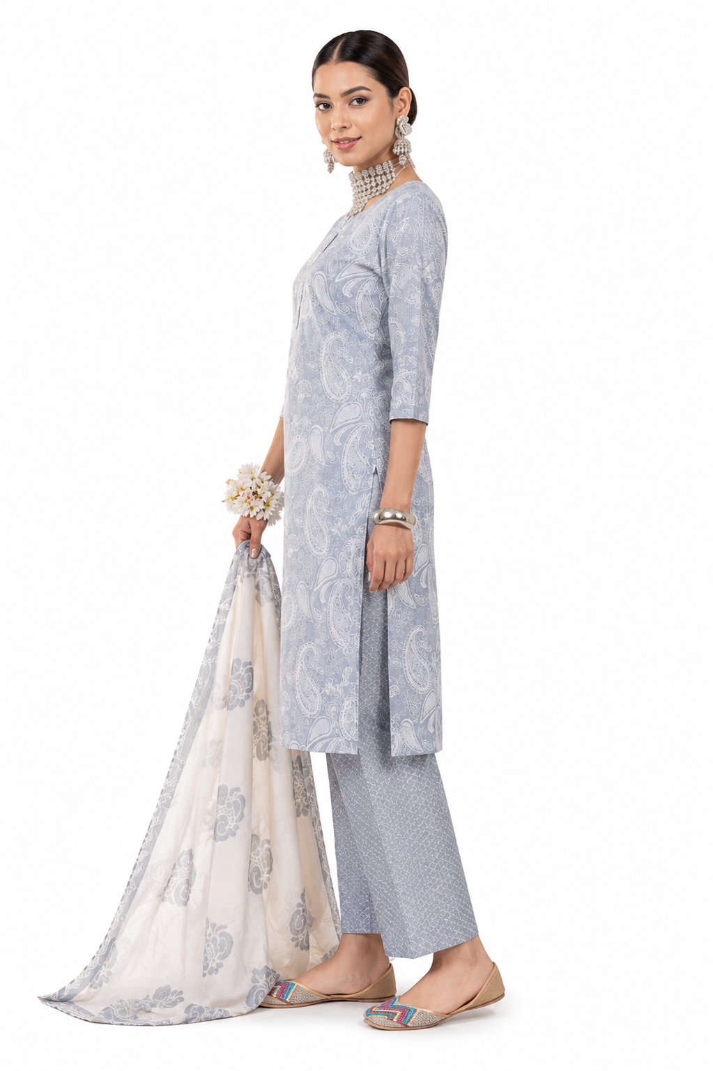 Women's Grey Cotton Printed Kurta Pant Dupatta Set