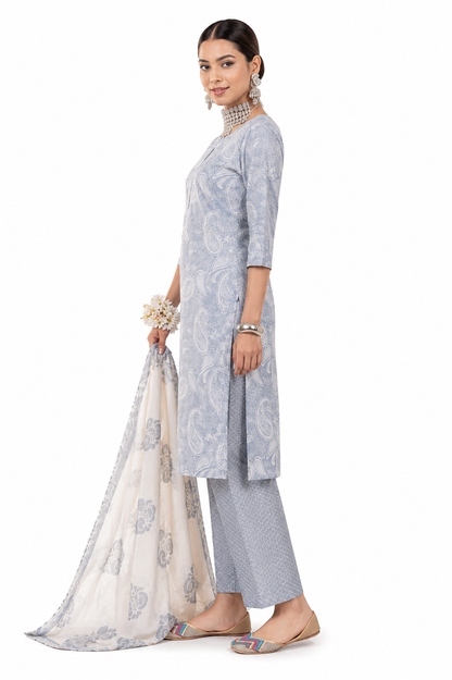 Women's Grey Cotton Printed Kurta Pant Dupatta Set