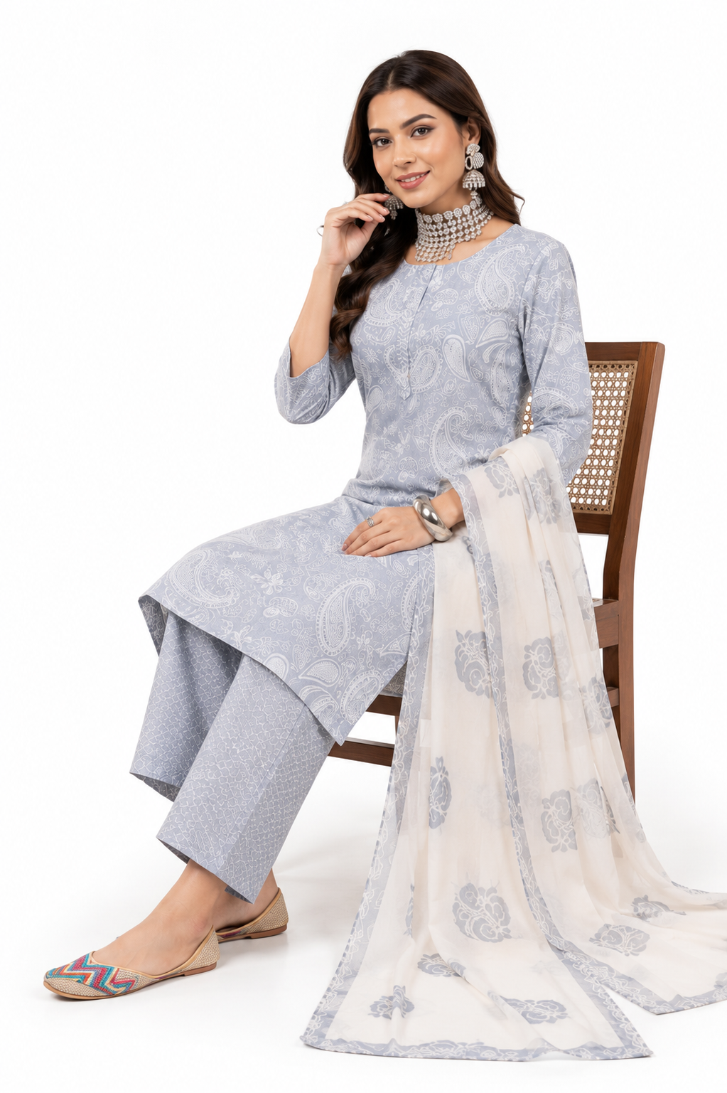 Women's Grey Cotton Printed Kurta Pant Dupatta Set