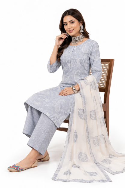 Women's Grey Cotton Printed Kurta Pant Dupatta Set