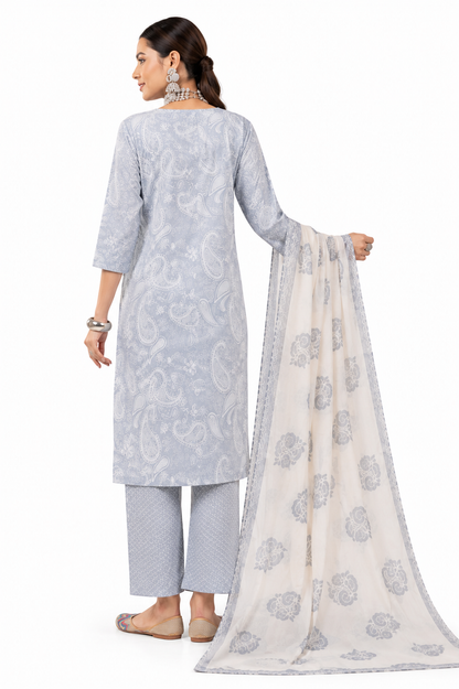 Women's Grey Cotton Printed Kurta Pant Dupatta Set