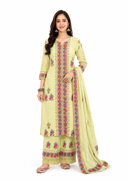 Olive Green Cotton Embroidered Kurta Set for Women