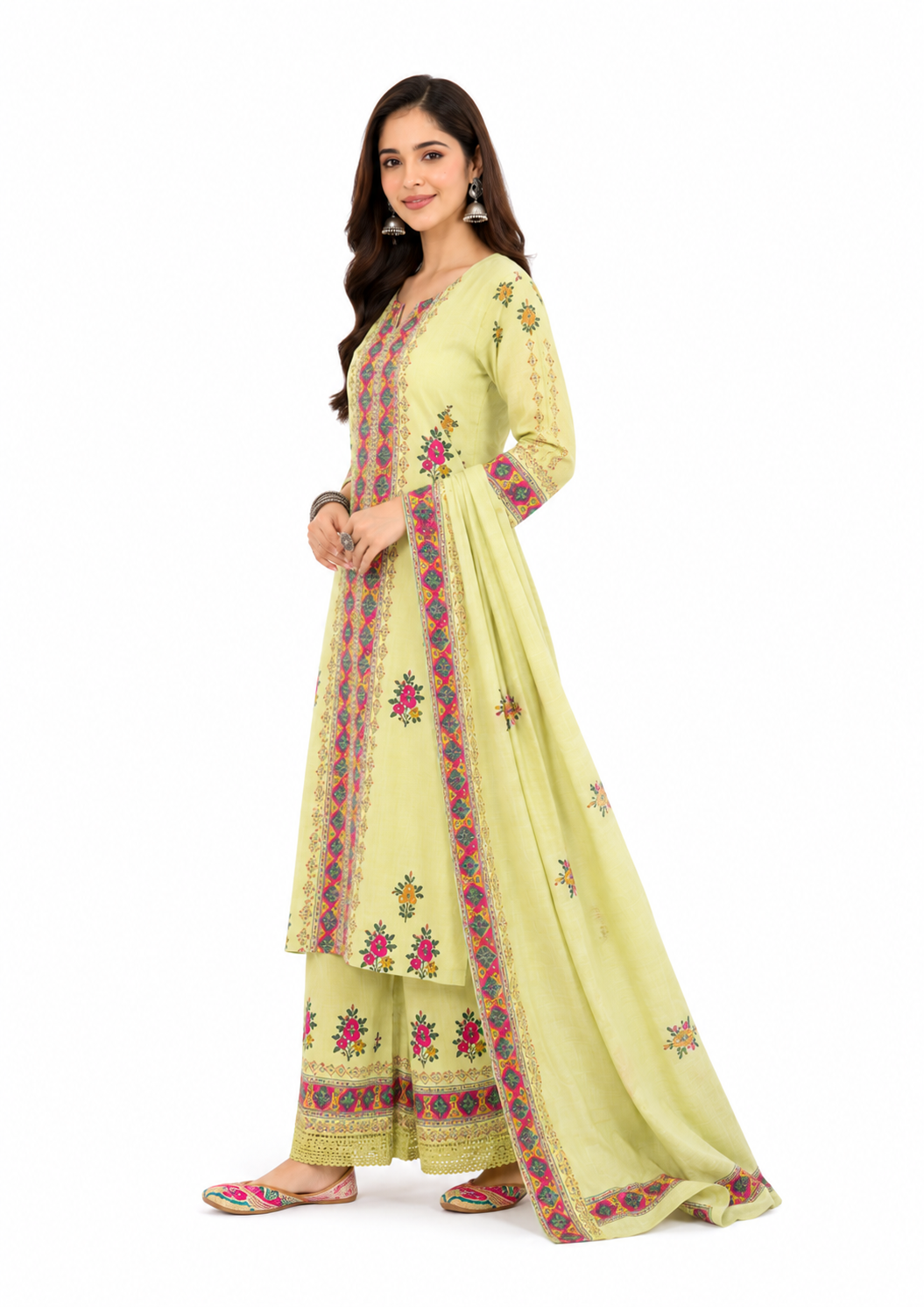 Olive Green Cotton Embroidered Kurta Set for Women