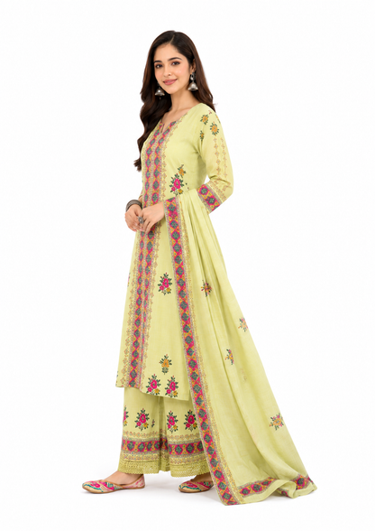 Olive Green Cotton Embroidered Kurta Set for Women