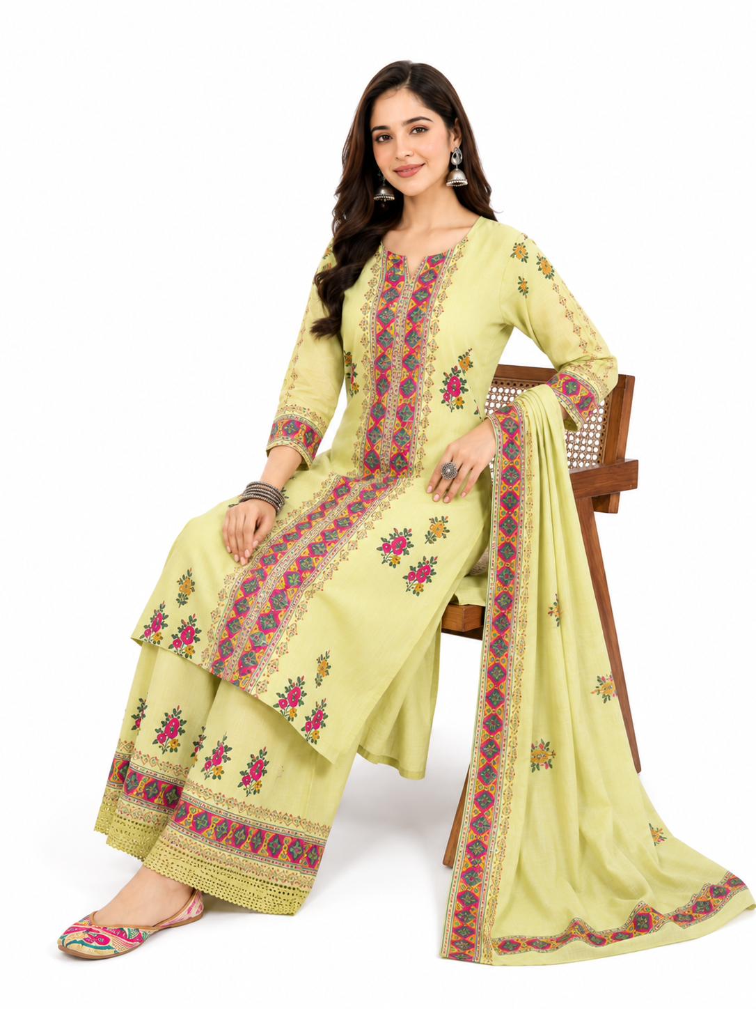 Olive Green Cotton Embroidered Kurta Set for Women