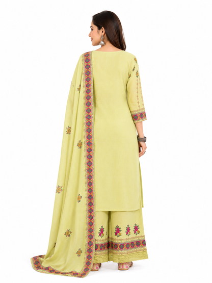 Olive Green Cotton Embroidered Kurta Set for Women
