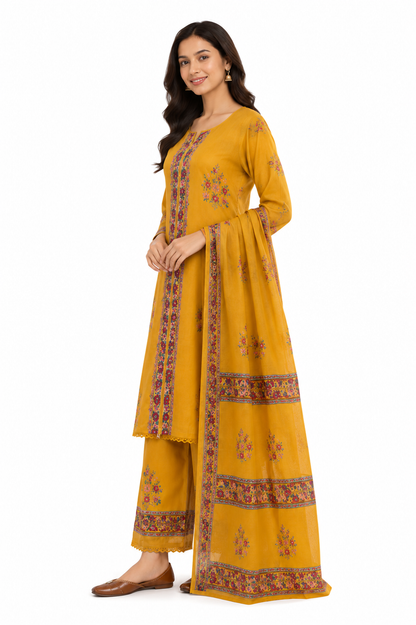Mustard Floral Printed Cotton Kurta Set with Dupatta