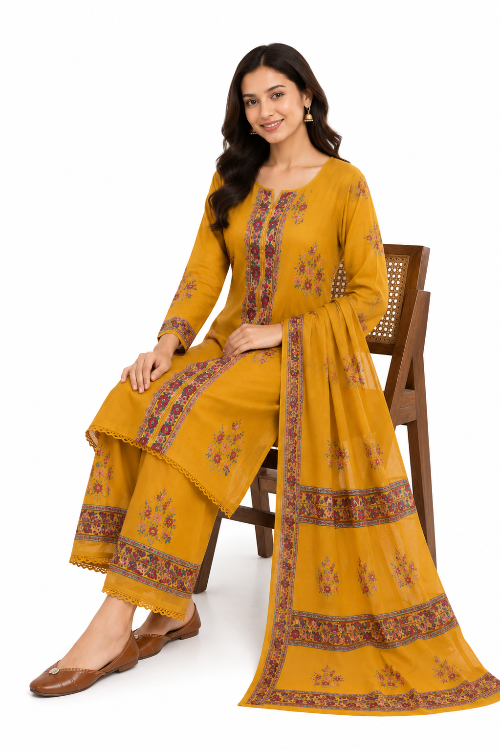 Mustard Floral Printed Cotton Kurta Set with Dupatta