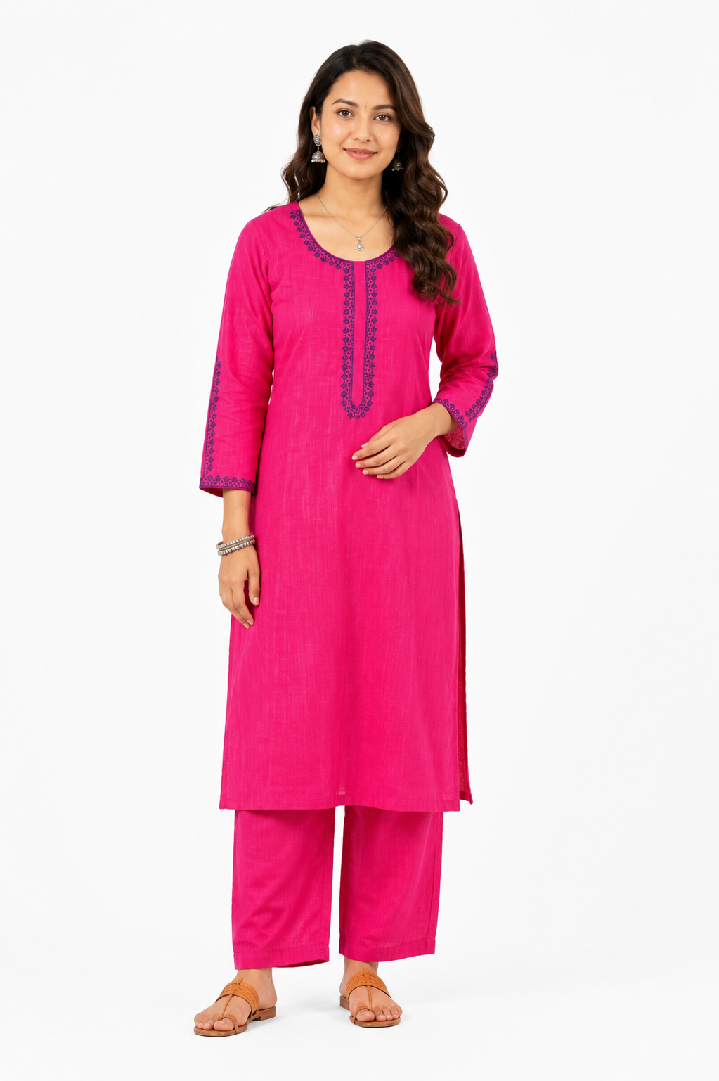 Hot Pink Cotton Straight Kurta Pant Set for Women