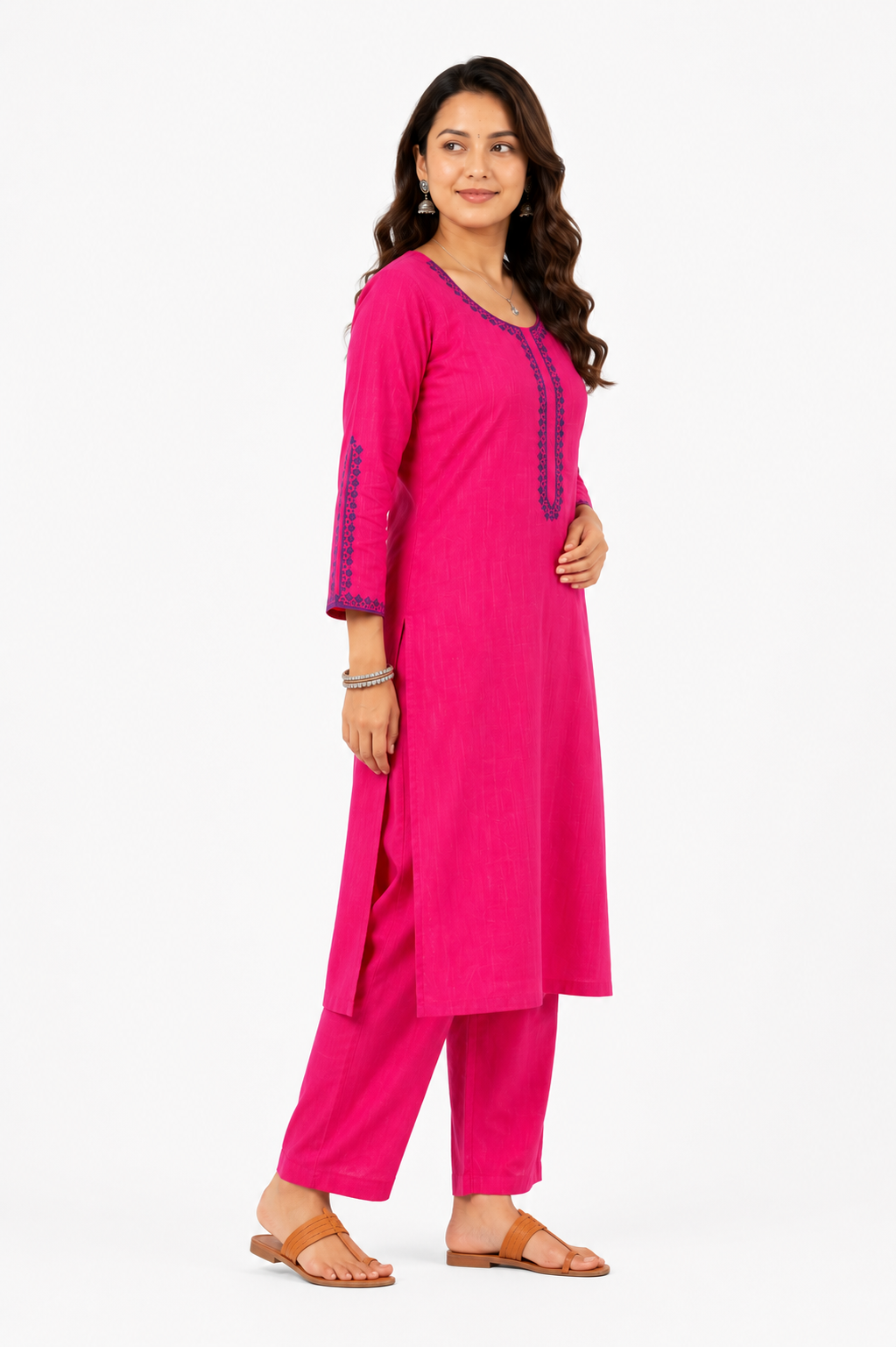 Hot Pink Cotton Straight Kurta Pant Set for Women