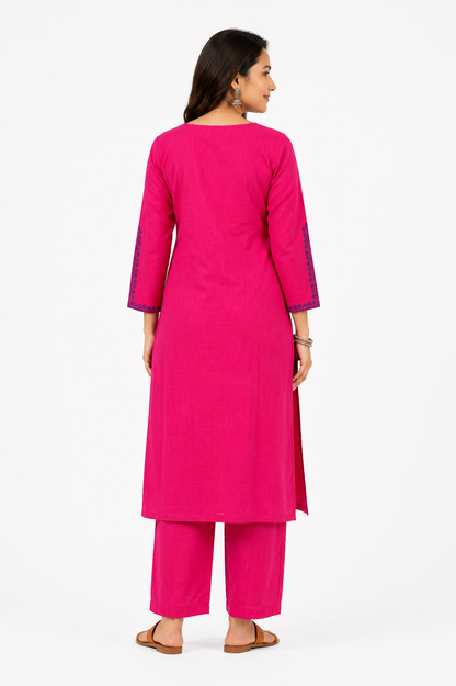 Hot Pink Cotton Straight Kurta Pant Set for Women