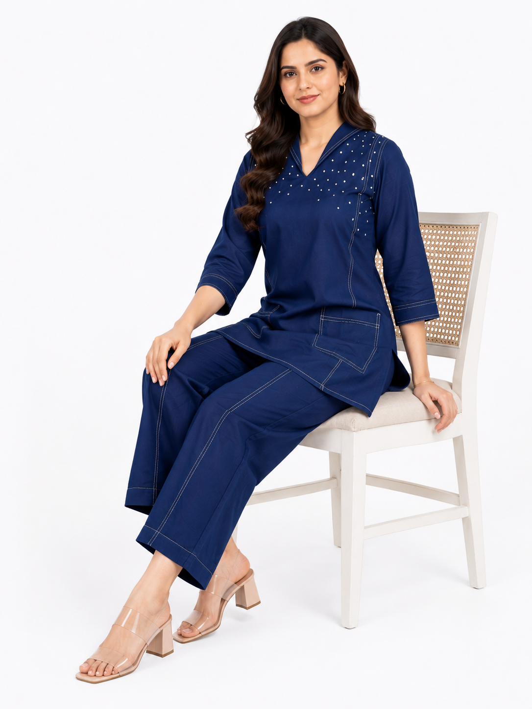 Navy Blue Cotton Co-Ord Set with Contrast Stitch Detailing