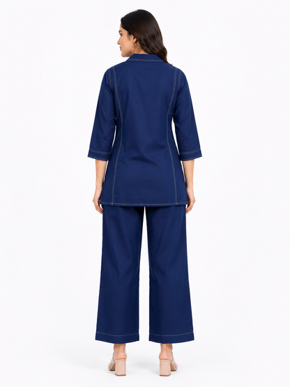 Navy Blue Cotton Co-Ord Set with Contrast Stitch Detailing