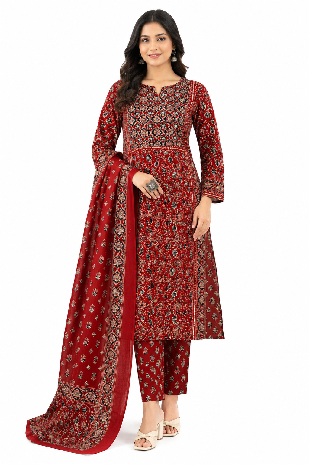 Women's Maroon Ajrakh Print Cotton Kurta Pant Dupatta Set
