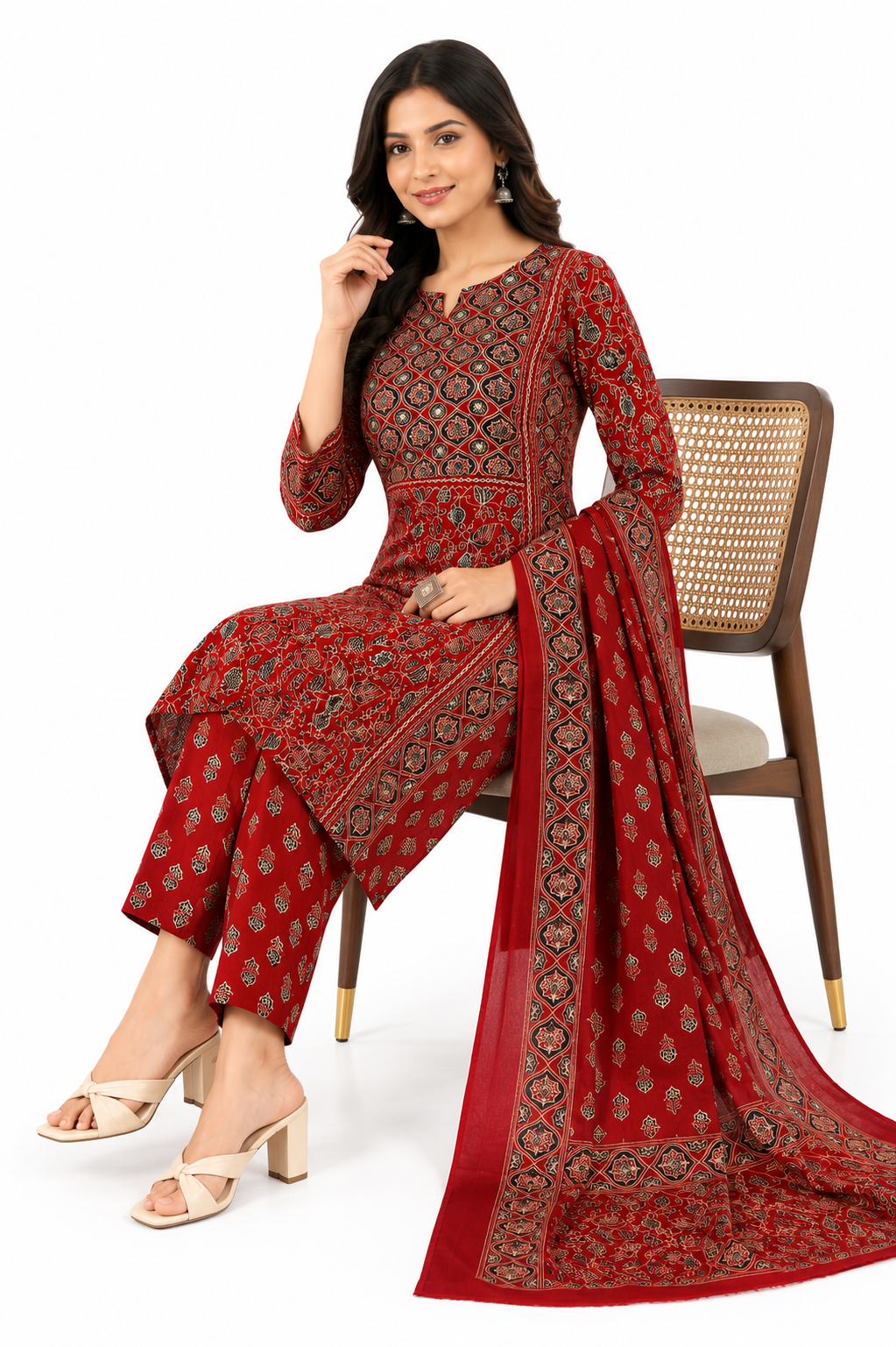 Women's Maroon Ajrakh Print Cotton Kurta Pant Dupatta Set