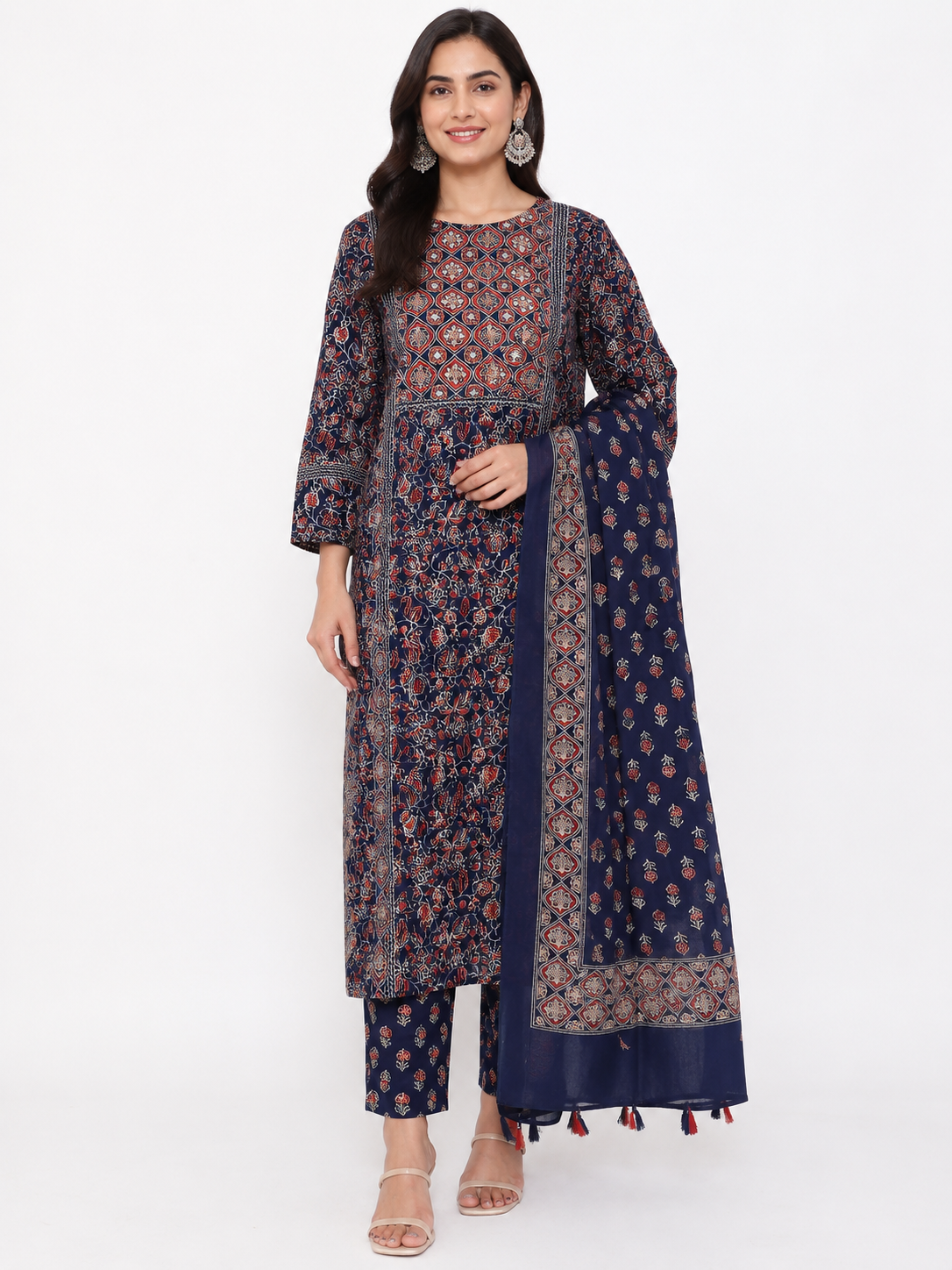 Women's Navy Blue Printed Cotton Kurta Pant with Dupatta Set