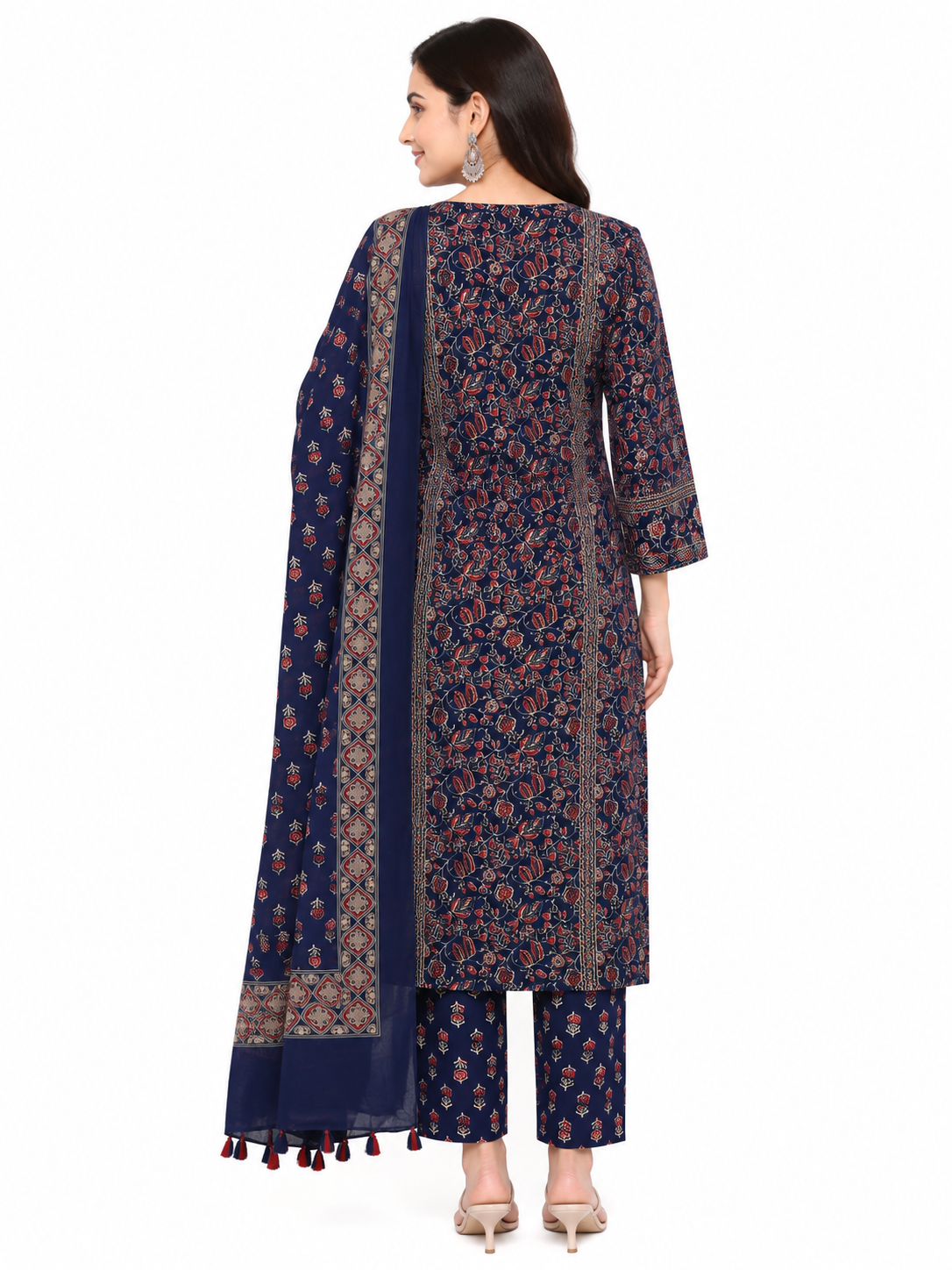Women's Navy Blue Printed Cotton Kurta Pant with Dupatta Set