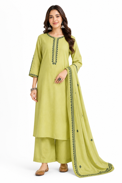 Olive Green Solid Cotton Kurta Palazzo Set with Dupatta