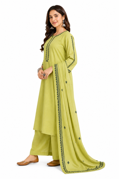 Olive Green Solid Cotton Kurta Palazzo Set with Dupatta