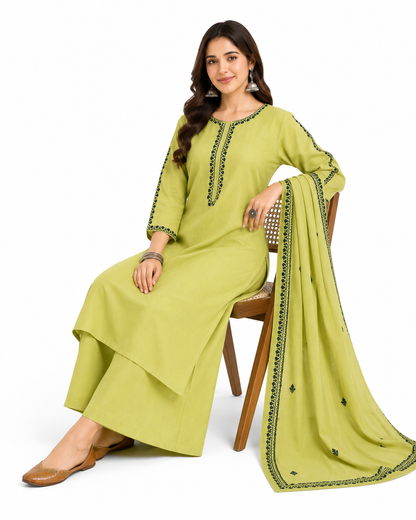 Olive Green Solid Cotton Kurta Palazzo Set with Dupatta