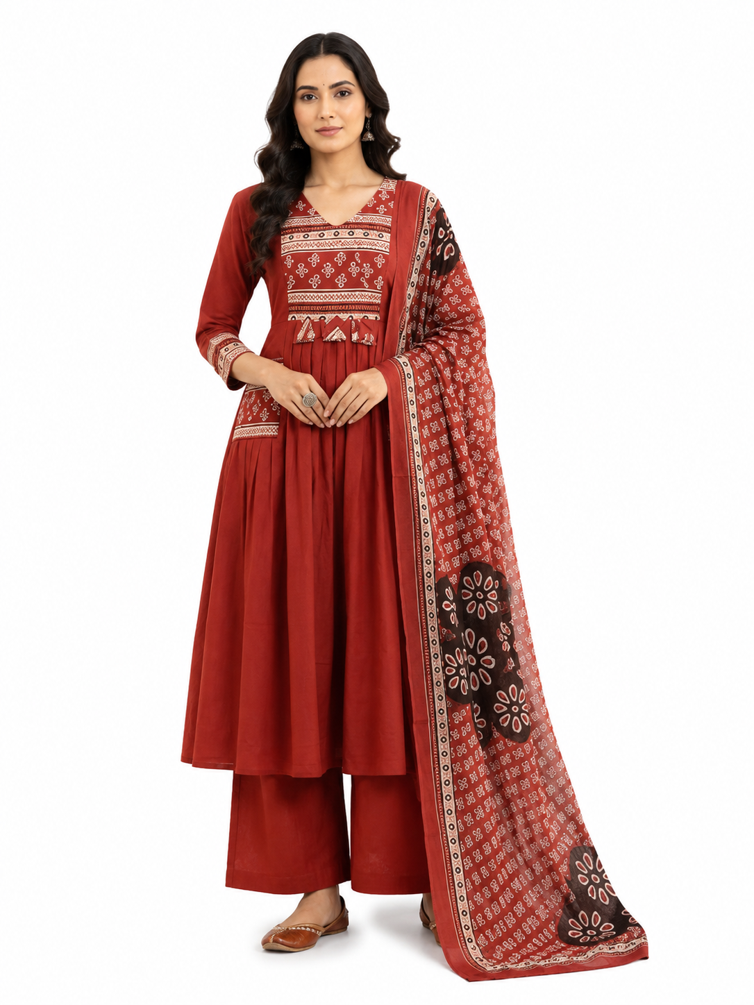 Rust Red Printed Cotton Anarkali Kurta Set with Dupatta