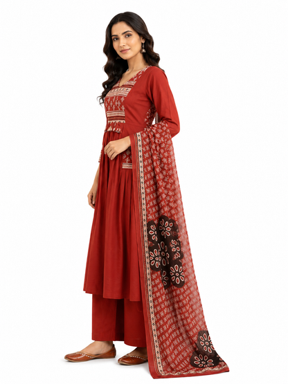 Rust Red Printed Cotton Anarkali Kurta Set with Dupatta